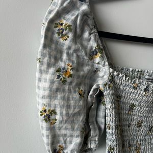 reformation floral scrunch top with puff sleeves